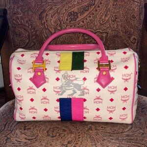 MCM Limited Edition Princess Lion Boston Bag Pink White Visetos Patchwork